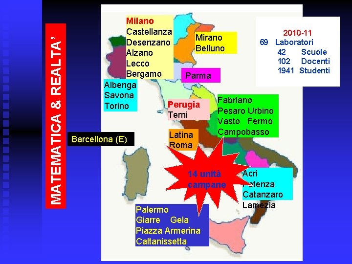 MATEMATICA & REALTA’ Milano Castellanza 2010 -11 Mirano 69 Laboratori Desenzano Belluno 42 Scuole
