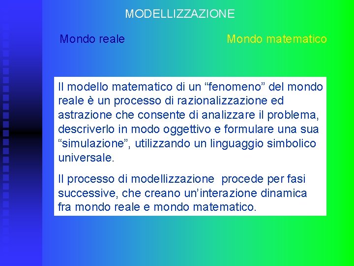 MODELLIZZAZIONE Mondo reale Mondo matematico Il modello matematico di un “fenomeno” del mondo reale