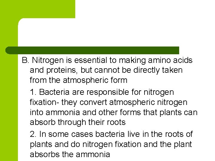 B. Nitrogen is essential to making amino acids and proteins, but cannot be directly