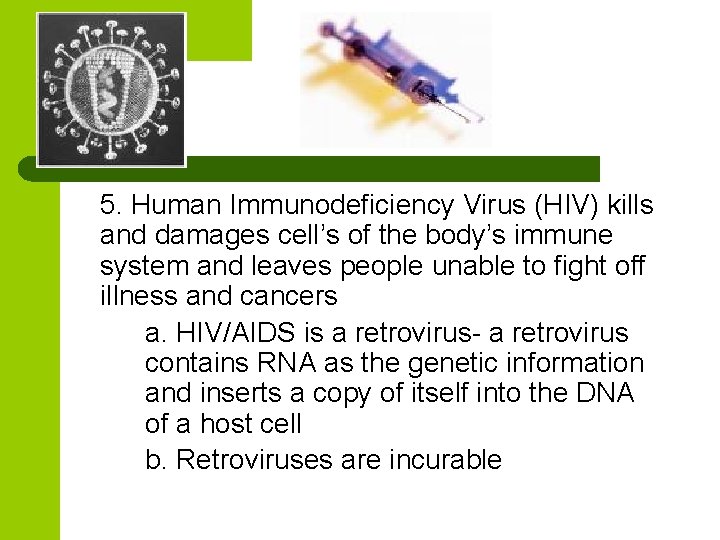 5. Human Immunodeficiency Virus (HIV) kills and damages cell’s of the body’s immune system