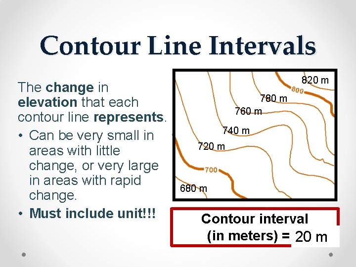 Contour Line Intervals The change in elevation that each contour line represents. • Can