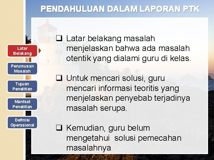 PENDAHULUAN DALAM LAPORAN PTK Latar Belakang q Latar belakang masalah menjelaskan bahwa ada masalah