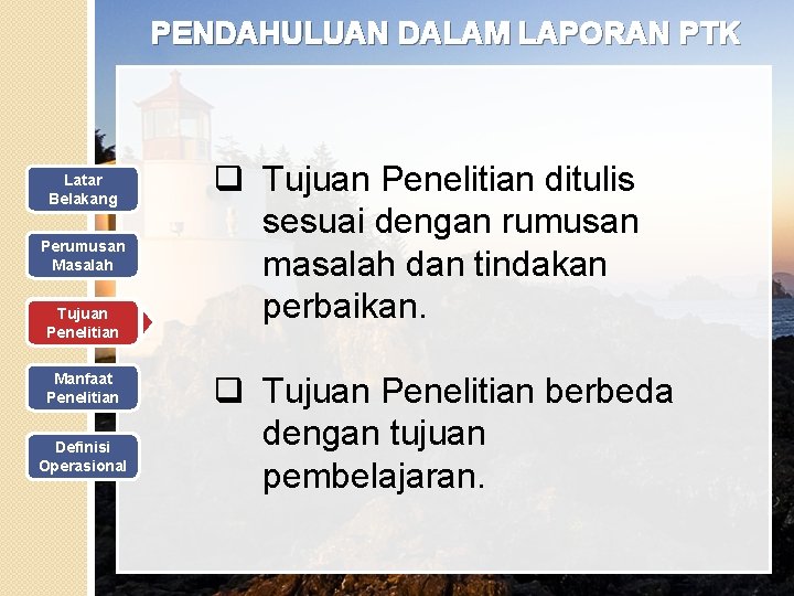 PENDAHULUAN DALAM LAPORAN PTK Latar Belakang Perumusan Masalah Tujuan Penelitian Manfaat Penelitian Definisi Operasional