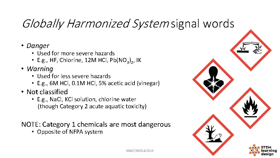 Globally Harmonized System signal words • Danger • Used for more severe hazards •