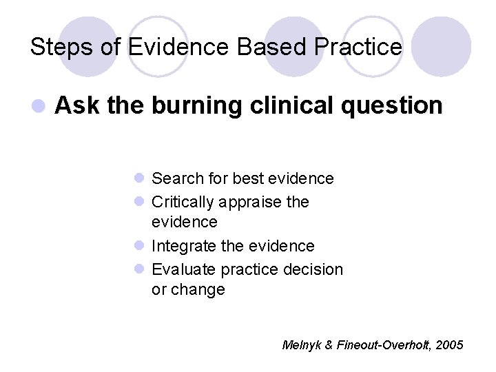 Steps of Evidence Based Practice l Ask the burning clinical question l Search for