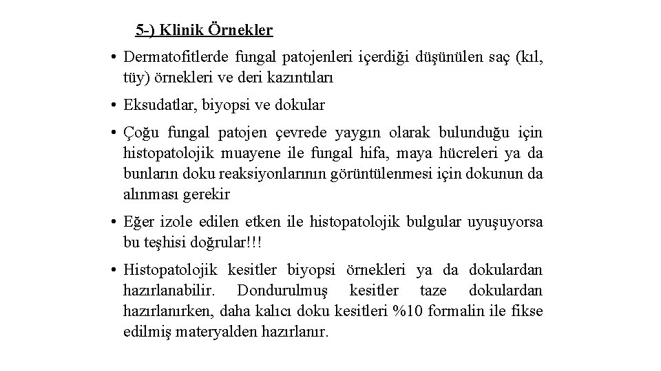 5 -) Klinik Örnekler • Dermatofitlerde fungal patojenleri içerdiği düşünülen saç (kıl, tüy) örnekleri