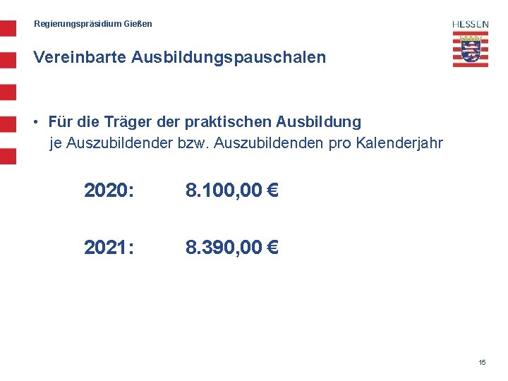 Regierungspräsidium Gießen Vereinbarte Ausbildungspauschalen • Für die Träger der praktischen Ausbildung je Auszubildender bzw.