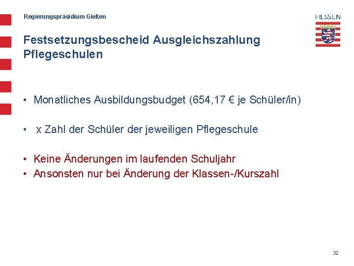 Regierungspräsidium Gießen Festsetzungsbescheid Ausgleichszahlung Pflegeschulen • Monatliches Ausbildungsbudget (654, 17 € je Schüler/in) •