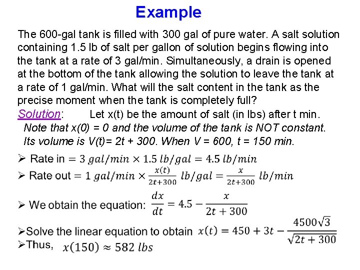 Example The 600 -gal tank is filled with 300 gal of pure water. A