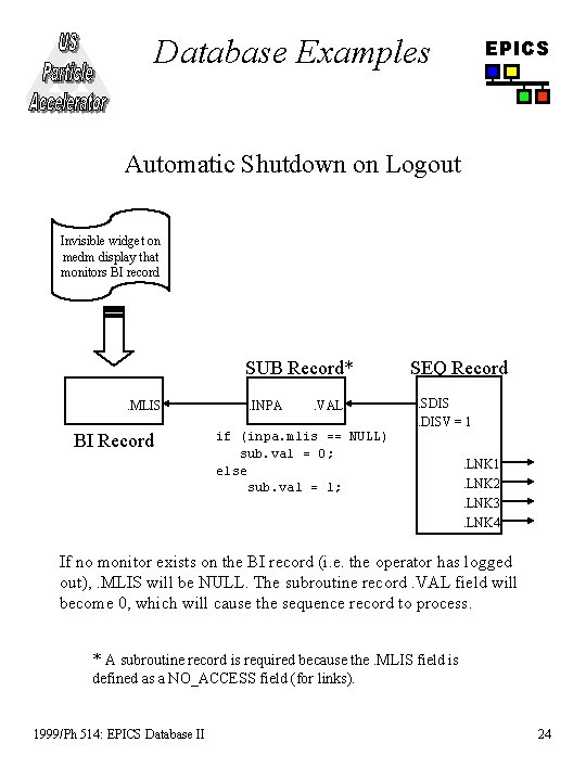 Database Examples EPICS Automatic Shutdown on Logout Invisible widget on medm display that monitors