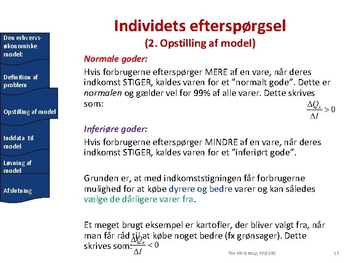 Den erhvervsøkonomiske model: Definition af problem Opstilling af model Inddata til model Løsning af