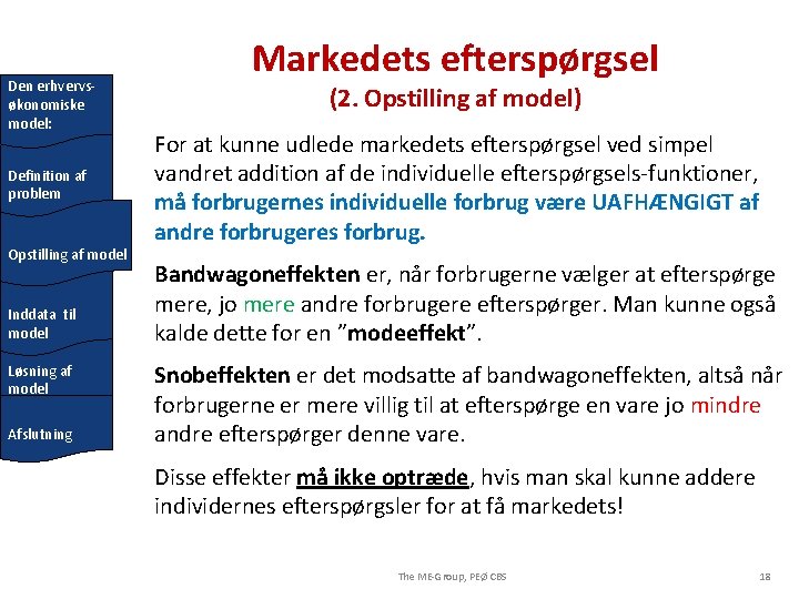 Den erhvervsøkonomiske model: Definition af problem Opstilling af model Inddata til model Løsning af