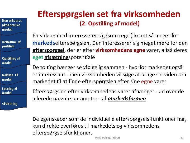 Den erhvervsøkonomiske model: Definition af problem Opstilling af model Inddata til model Løsning af