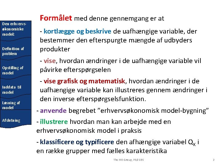 Den erhvervsøkonomiske model: Definition af problem Opstilling af model Inddata til model Løsning af