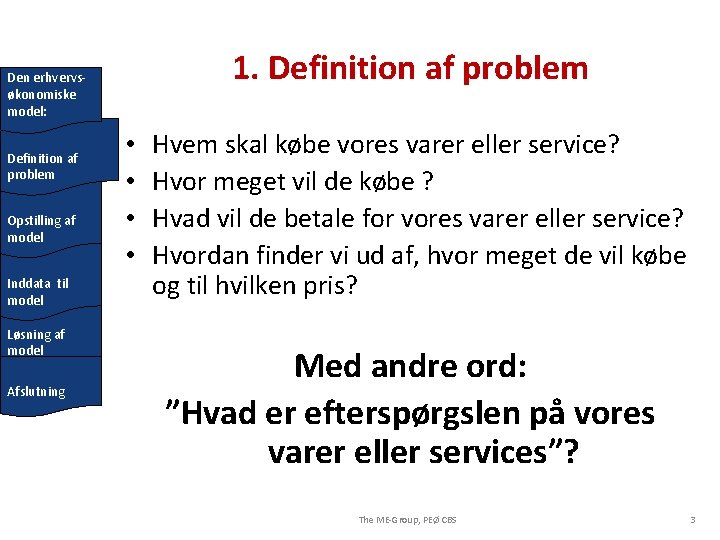 1. Definition af problem Den erhvervsøkonomiske model: Definition af problem Opstilling af model Inddata