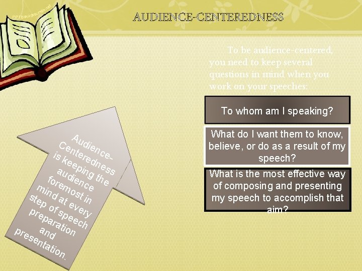 AUDIENCE-CENTEREDNESS To be audience-centered, you need to keep several questions in mind when you AUDIENCE-CENTEREDNESS To be audience-centered, you need to keep several questions in mind when you