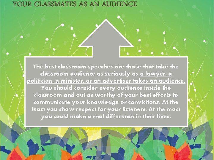 YOUR CLASSMATES AS AN AUDIENCE The best classroom speeches are those that take the