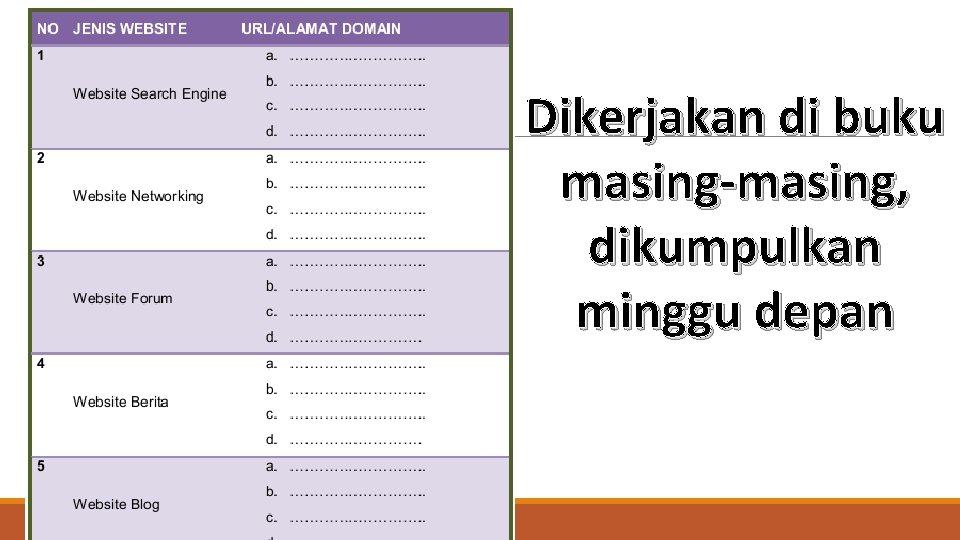 Dikerjakan di buku masing-masing, dikumpulkan minggu depan 