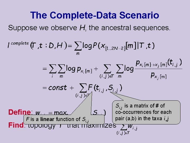 The Complete-Data Scenario Suppose we observe H, the ancestral sequences. Define: F is a
