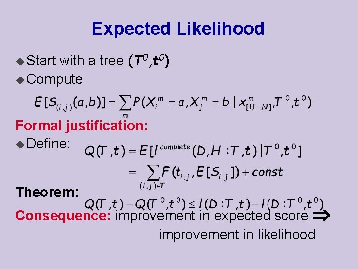 Expected Likelihood with a tree (T 0, t 0) u Compute u Start Formal