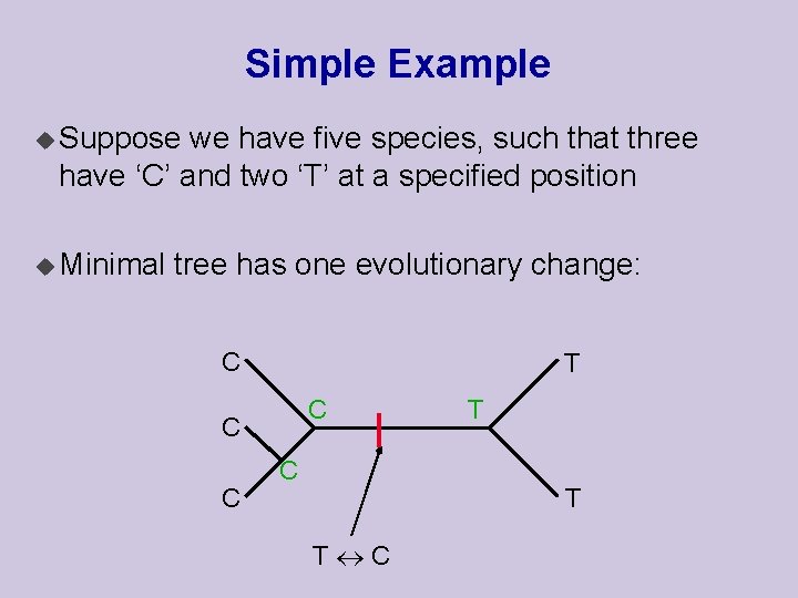 Simple Example u Suppose we have five species, such that three have ‘C’ and