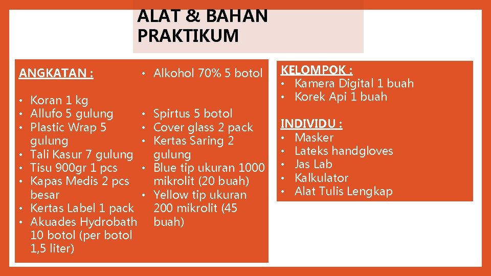 ALAT & BAHAN PRAKTIKUM ANGKATAN : • Koran 1 kg • Allufo 5 gulung