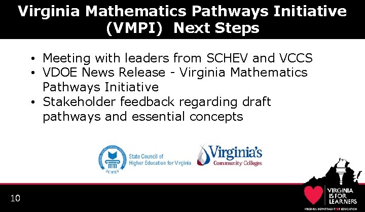 1 0 Virginia Mathematics Pathways Initiative (VMPI) Next Steps • Meeting with leaders from 1 0 Virginia Mathematics Pathways Initiative (VMPI) Next Steps • Meeting with leaders from