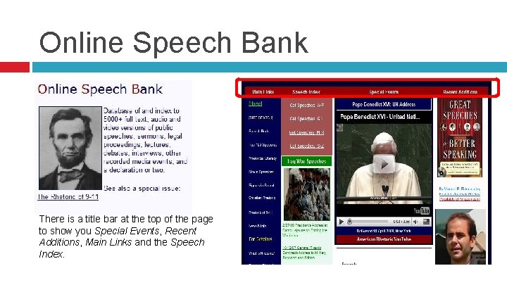 Online Speech Bank There is a title bar at the top of the page