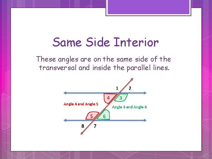 Same Side Interior These angles are on the same side of the transversal and Same Side Interior These angles are on the same side of the transversal and