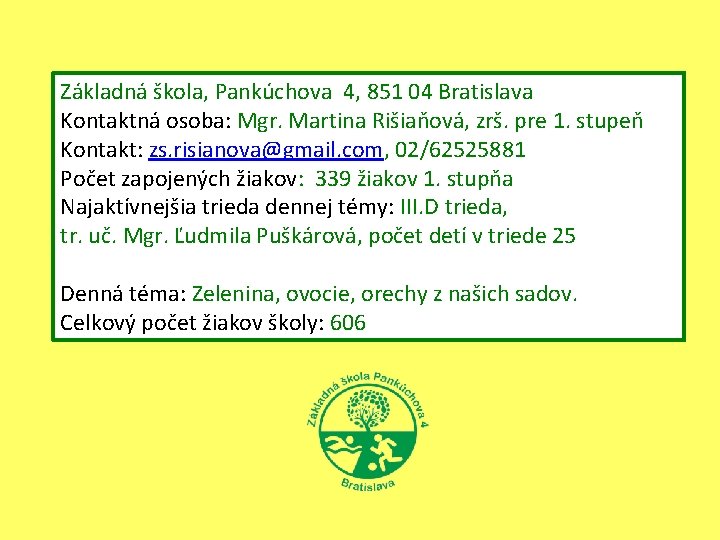 Základná škola, Pankúchova 4, 851 04 Bratislava Kontaktná osoba: Mgr. Martina Rišiaňová, zrš. pre