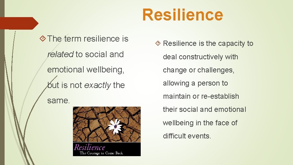 Resilience The term resilience is Resilience is the capacity to related to social and