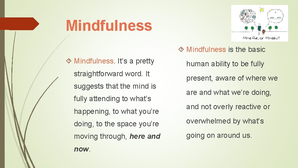 Mindfulness is the basic Mindfulness. It’s a pretty straightforward word. It suggests that the