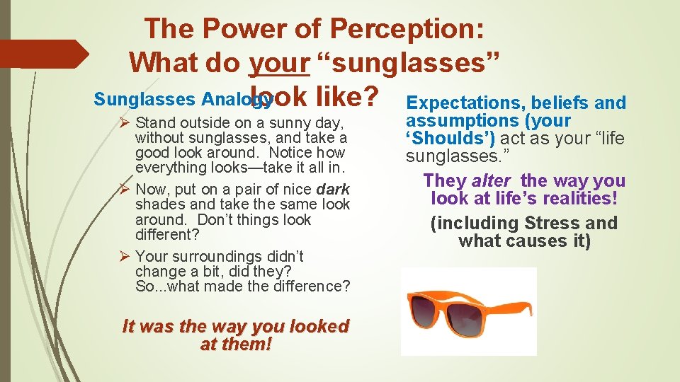 The Power of Perception: What do your “sunglasses” Sunglasses Analogy look like? Expectations, beliefs
