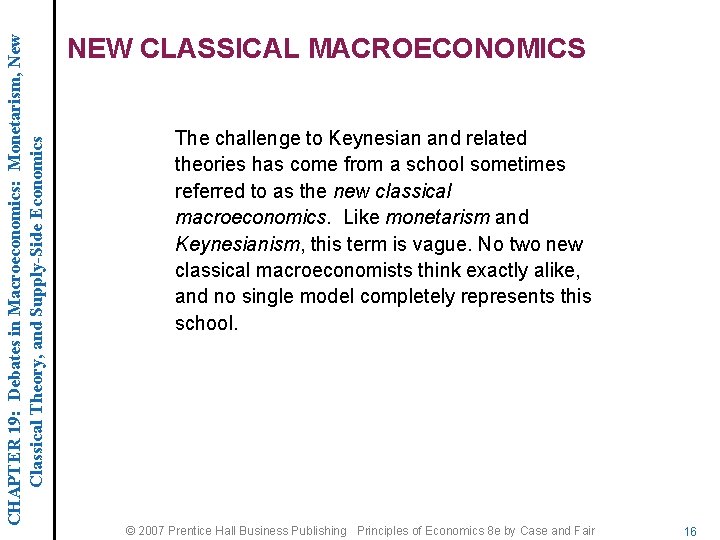 CHAPTER 19: Debates in Macroeconomics: Monetarism, New Classical Theory, and Supply-Side Economics NEW CLASSICAL