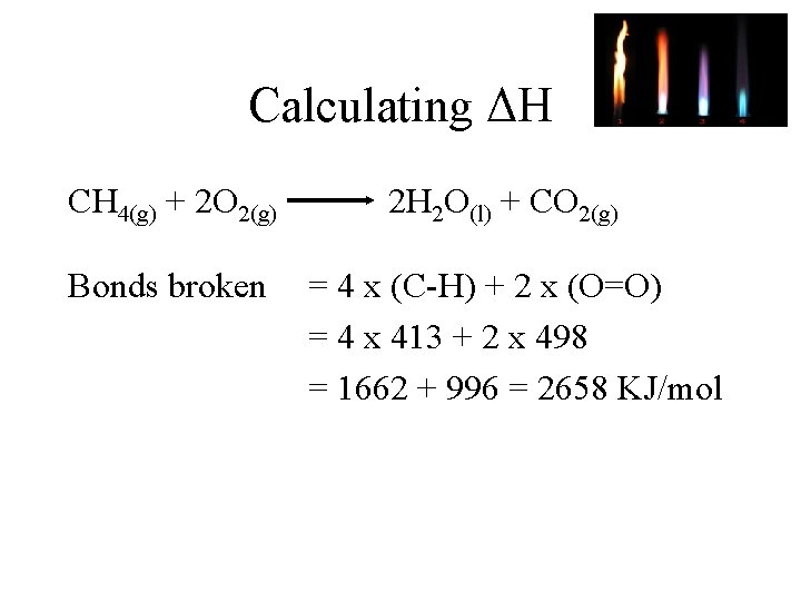 Calculating ΔH CH 4(g) + 2 O 2(g) Bonds broken 2 H 2 O(l)