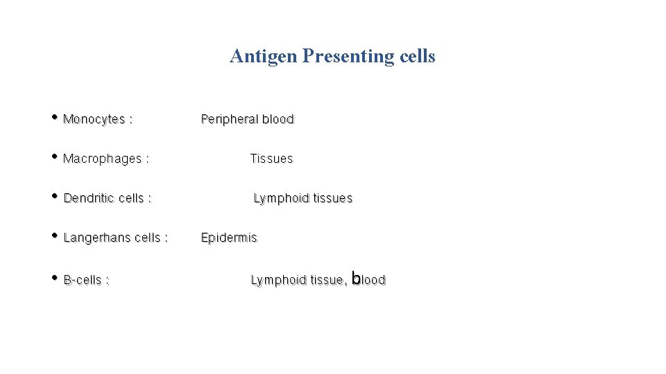 Antigen Presenting cells • Monocytes : Peripheral blood • Macrophages : Tissues • Dendritic Antigen Presenting cells • Monocytes : Peripheral blood • Macrophages : Tissues • Dendritic