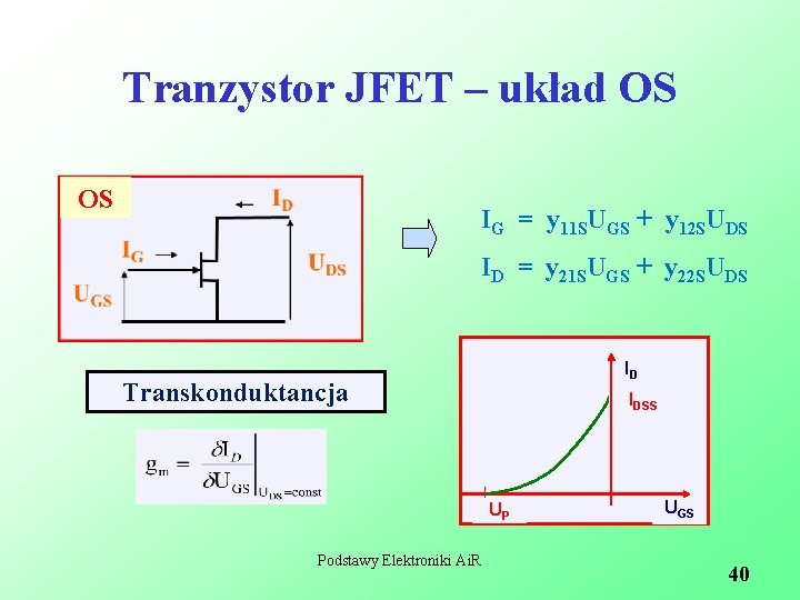 Tranzystor JFET – układ OS OS IG = y 11 SUGS + y 12