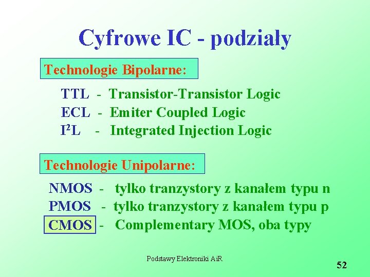 Cyfrowe IC - podziały Technologie Bipolarne: TTL - Transistor-Transistor Logic ECL - Emiter Coupled