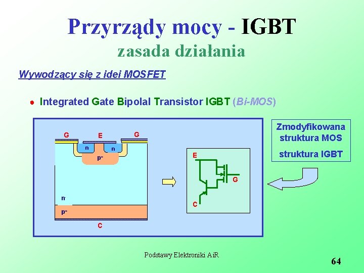 Przyrządy mocy - IGBT zasada działania Wywodzący się z idei MOSFET ● Integrated Gate