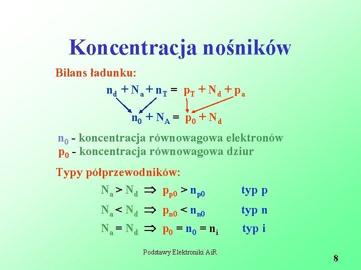 Koncentracja nośników Bilans ładunku: nd + N a + n T = p. T