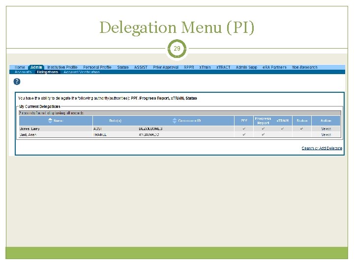 Delegation Menu (PI) 29 