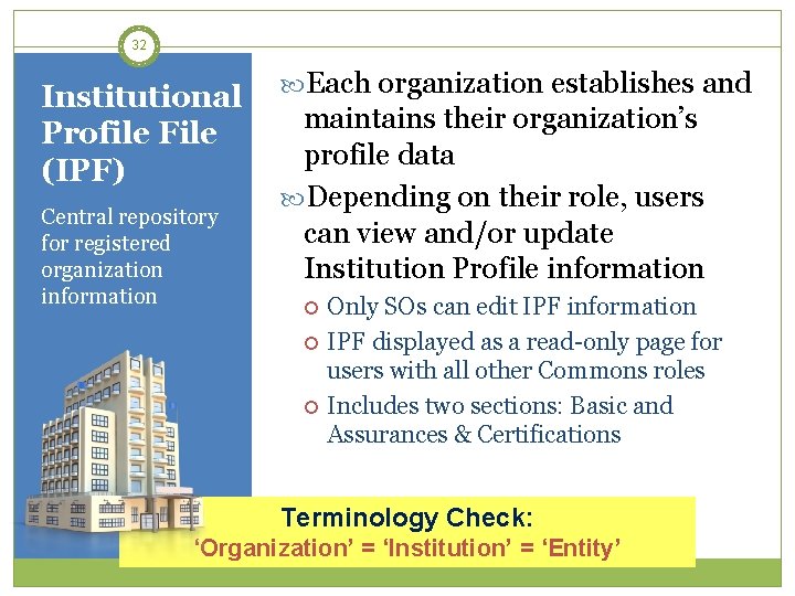 32 Institutional Profile File (IPF) Central repository for registered organization information Each organization establishes