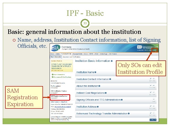 IPF - Basic 33 Basic: general information about the institution Name, address, Institution Contact