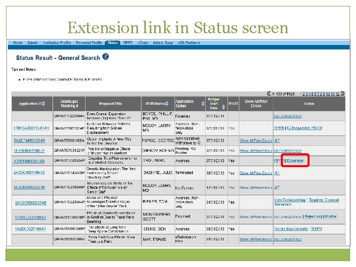 Extension link in Status screen 52 