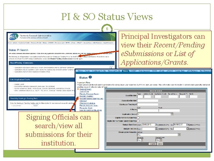 PI & SO Status Views 6 Principal Investigators can view their Recent/Pending e. Submissions
