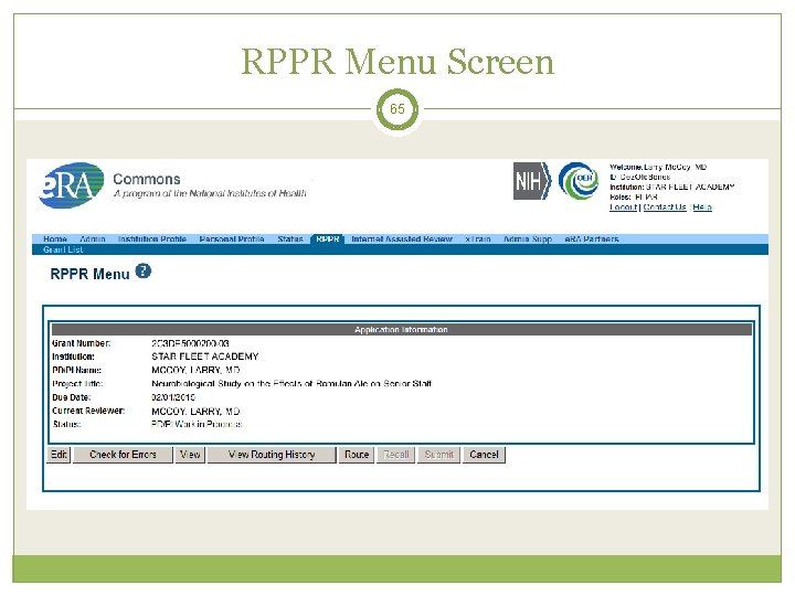 RPPR Menu Screen 65 