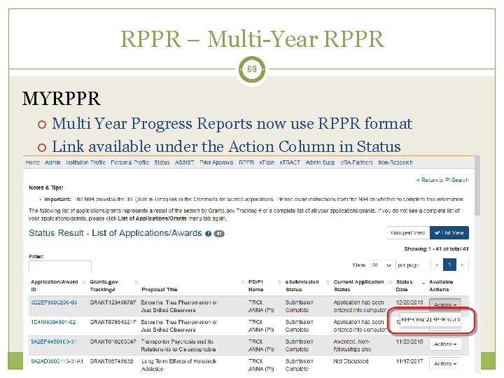 RPPR – Multi-Year RPPR 69 MYRPPR Multi Year Progress Reports now use RPPR format