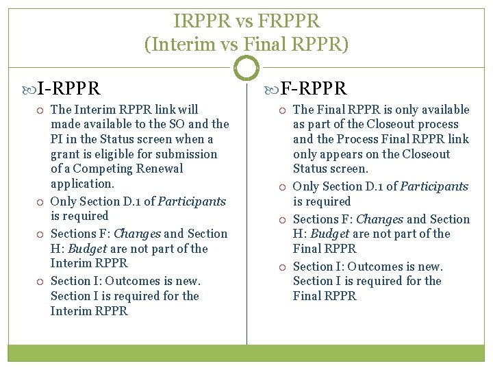 IRPPR vs FRPPR (Interim vs Final RPPR) I-RPPR The Interim RPPR link will made