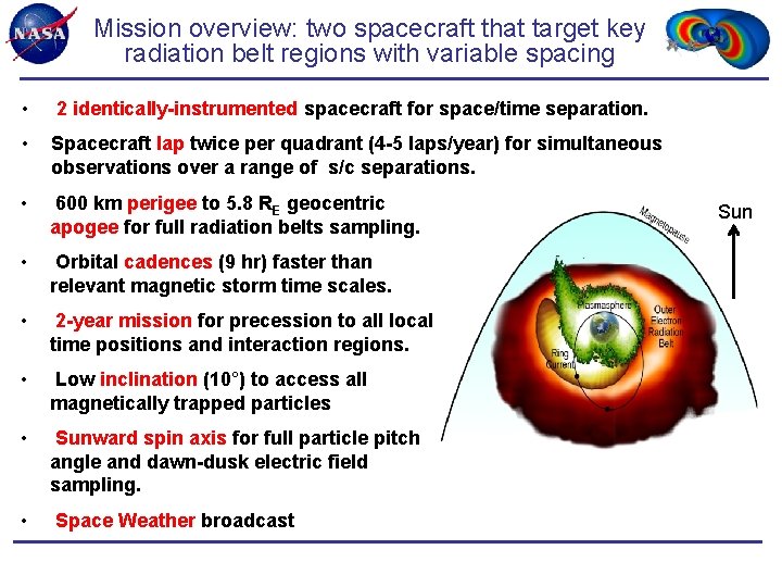 Mission overview: two spacecraft that target key radiation belt regions with variable spacing •