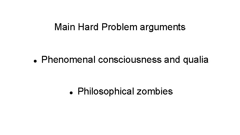 Main Hard Problem arguments Phenomenal consciousness and qualia Philosophical zombies 